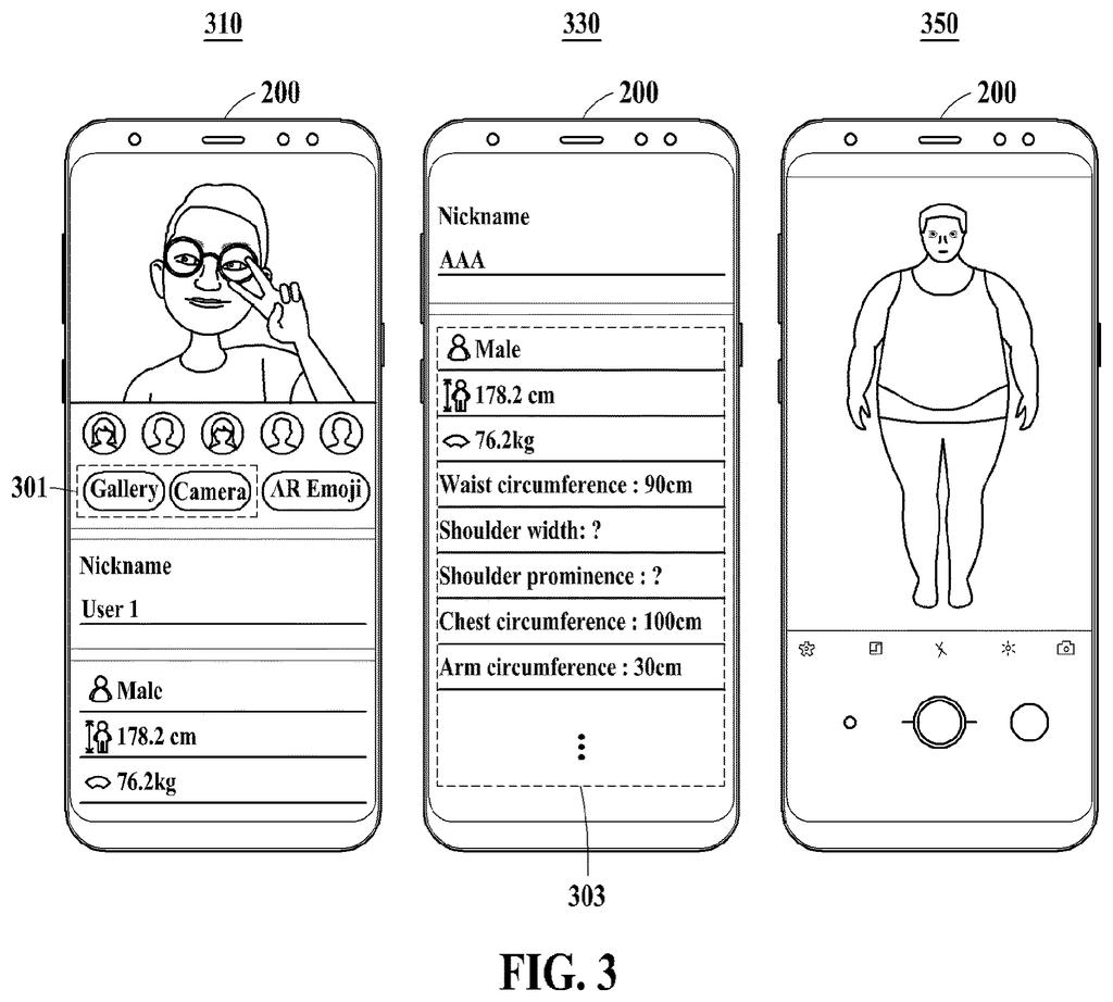 A smartphone display shows user information input fields, including nickname, gender, height, and weight, alongside a cartoon avatar and a generated body shape. Drawing from patent filing US 2026/0269046 A1.