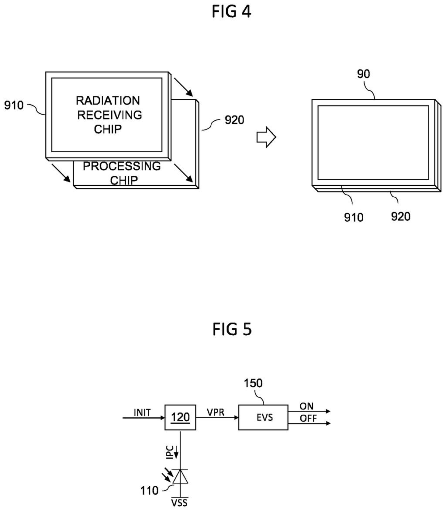An exploded view of the radiation receiving chip and processing chip, which together form the solid-state imaging device. Drawing from patent filing US 2026/0270573 A1.