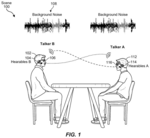 Meta patent drawing: Meta Patents Smart Glasses That Beam Your Voice to a Nearby Listener’s Earbuds