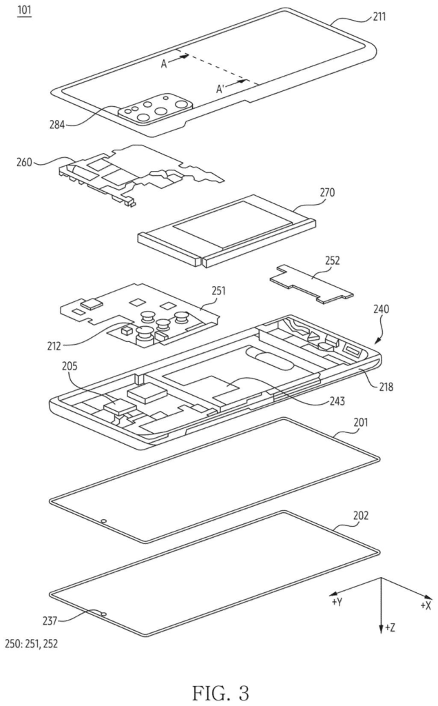 An exploded view of an electronic device, showing its display, cover plate, and internal components. Drawing from patent filing US 2026/0271206 A1.