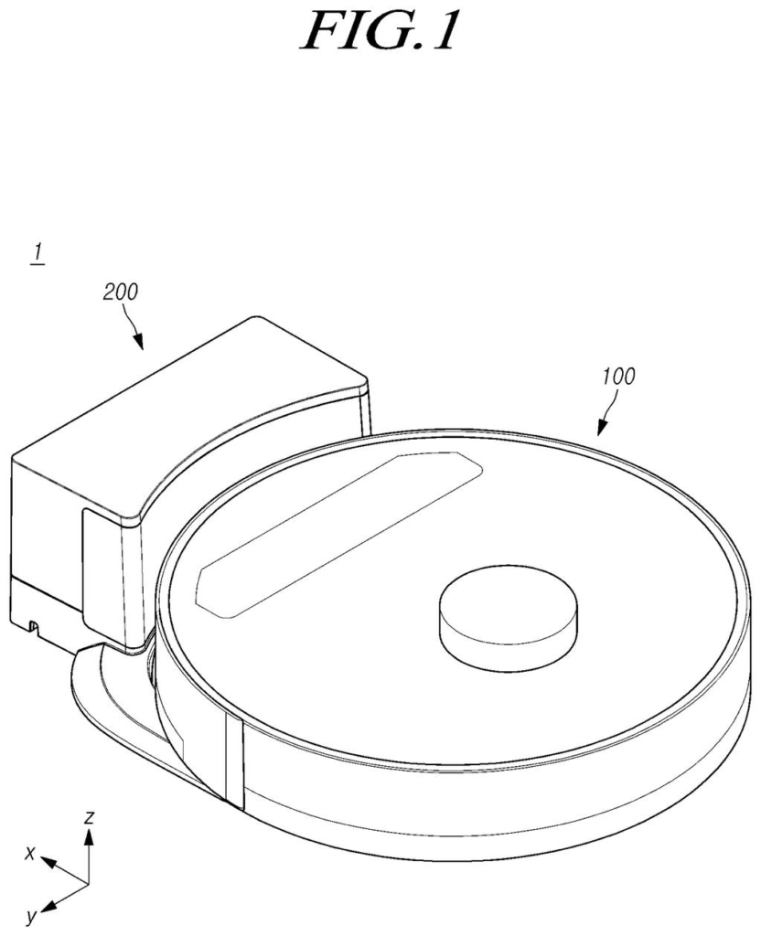 A robot vacuum cleaner docks with its charging station. Drawing from patent filing US 2026/0272249 A1.