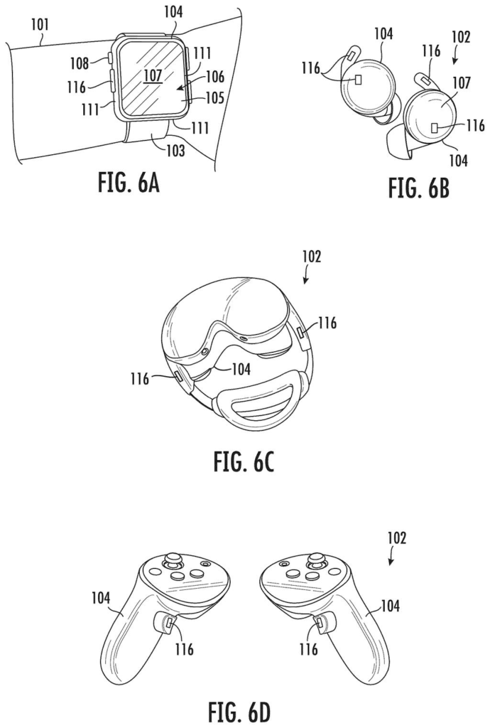 A smartwatch, earbuds, and virtual reality controllers, each incorporating a fingertip blood pressure sensor. Drawing from patent filing US 2026/0272323 A1.