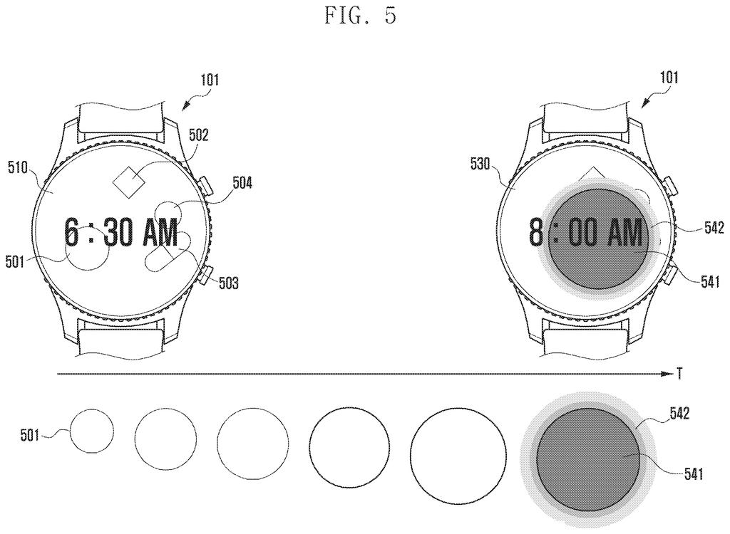 A smartwatch displays a clock screen with a medication icon and a visual effect indicating an upcoming medication reminder. Drawing from patent filing US 2026/0272785 A1.