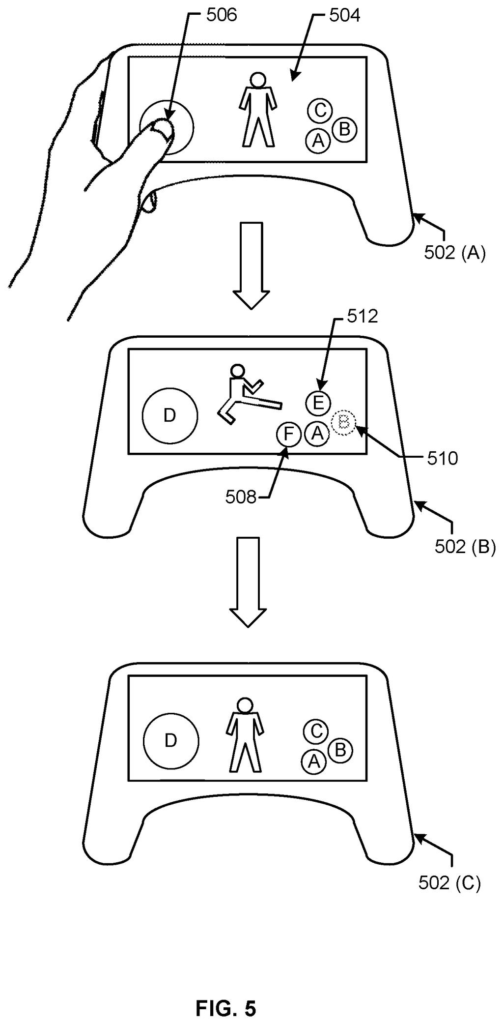 A hand interacts with a touchscreen game controller, showing how virtual buttons and character actions change dynamically during gameplay. Drawing from patent filing US 2026/0273391 A1.