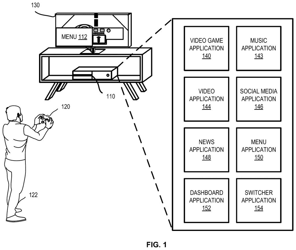 A player uses a controller to interact with a gaming console and television displaying a menu of applications. Drawing from patent filing US 2026/0273396 A1.
