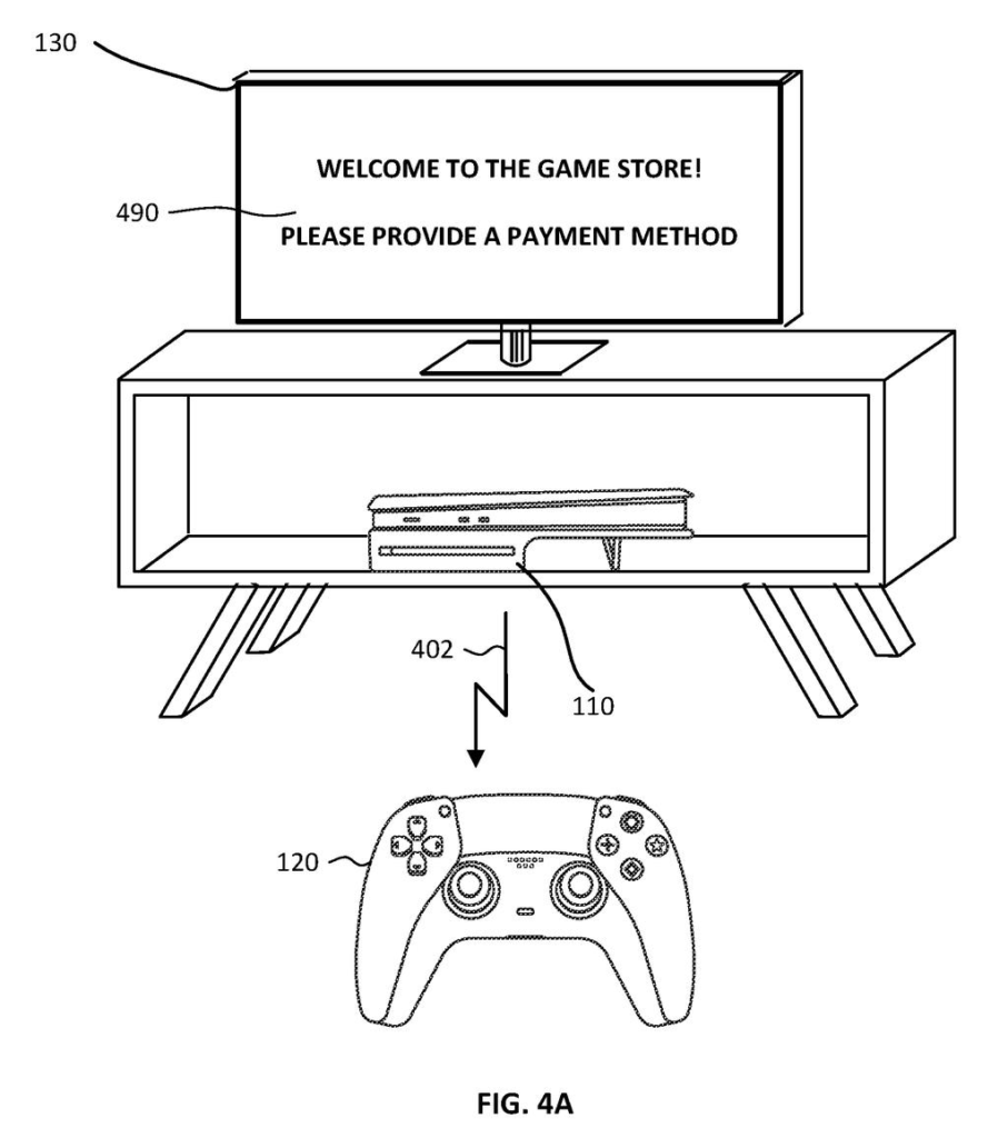 A video game console and controller display a prompt to provide a payment method for a game store. Drawing from patent filing US 2026/0273403 A1.
