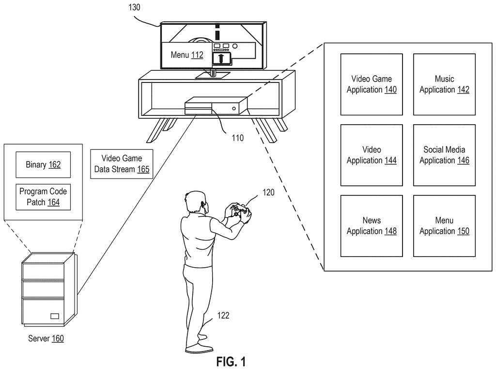 A person plays a video game on a console and TV, receiving game data and program code patches from a server. Drawing from patent filing US 2026/0273419 A1.
