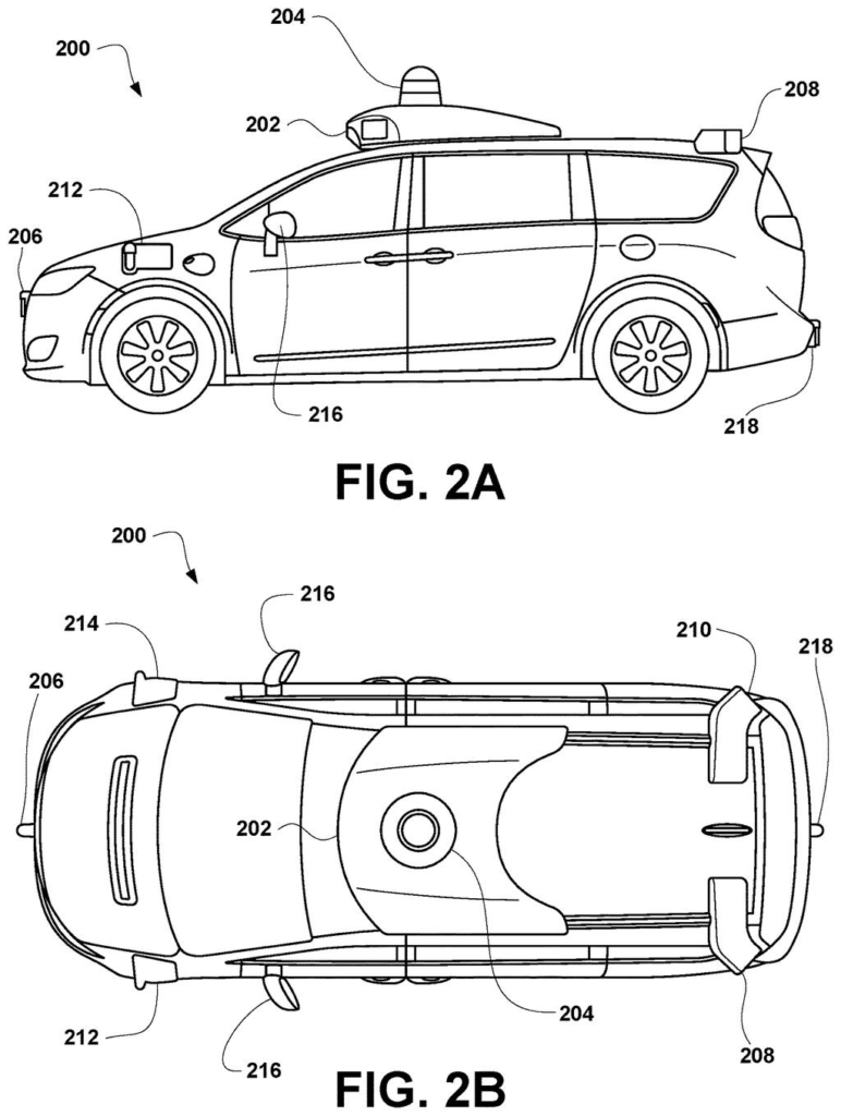 A side view of an autonomous minivan equipped with various sensors for navigation. Drawing from patent filing US 2026/0274273 A1.