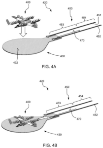 Patent drawing: Wing Aviation Patents a System That Parks Delivery Drones in a Queue After Landing