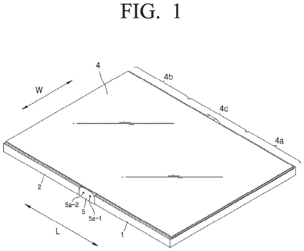 A flexible display device in its unfolded state, showing the display and its different sections. Drawing from patent filing US 2026/0276033 A1.