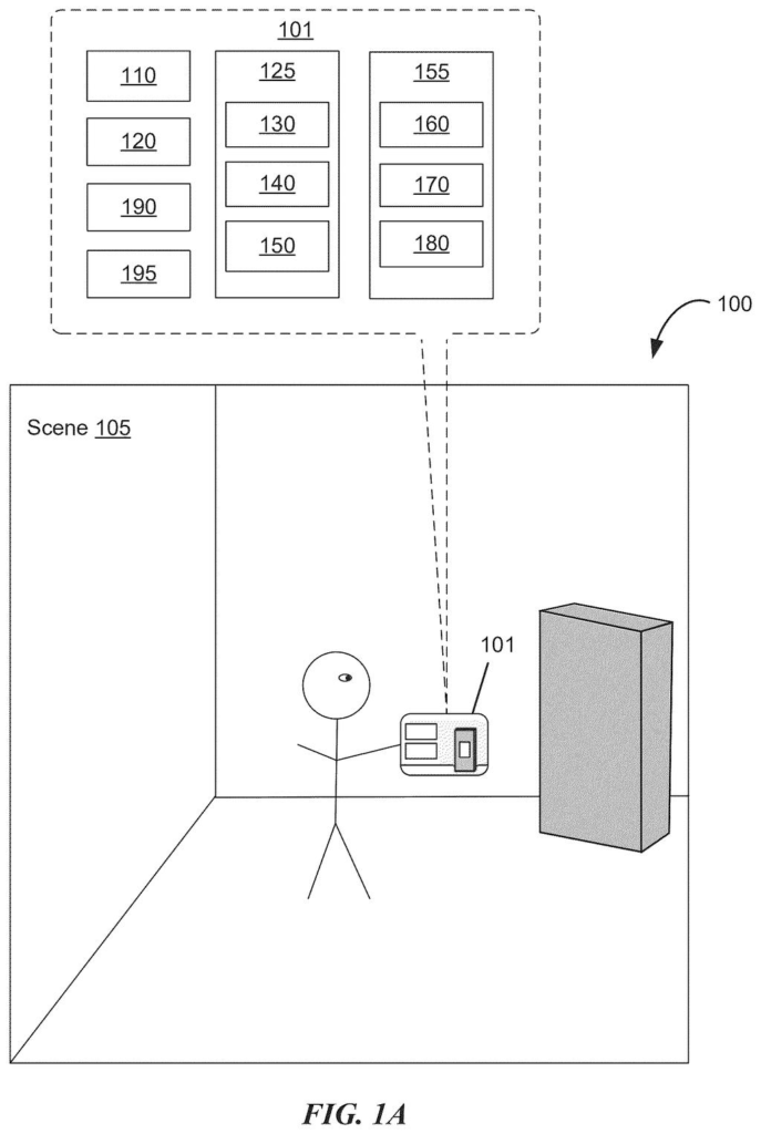 A person interacts with a handheld device displaying a map interface with various selectable elements. Drawing from patent filing US 2026/0276398 A1.