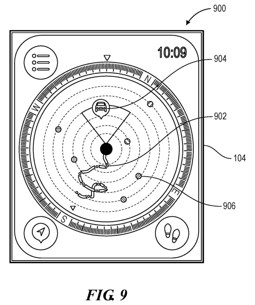 A phone screen displays a map with a historical path, a current location marker, and a compass. Drawing from patent filing US 2026/0276777 A1.