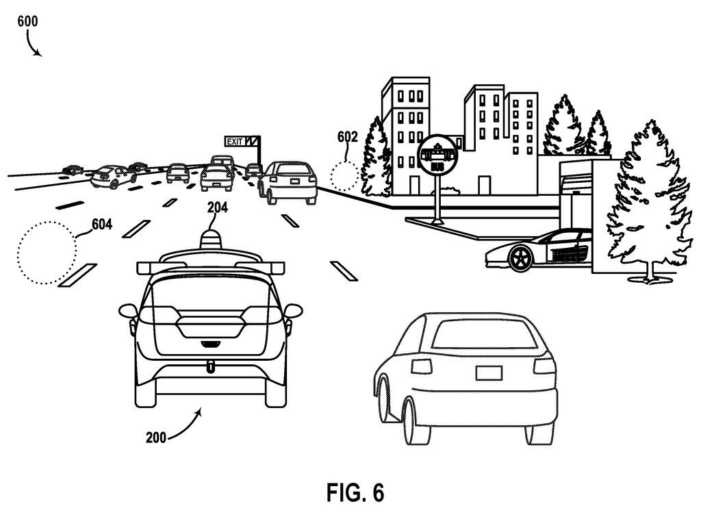 An autonomous vehicle with a roof-mounted LIDAR sensor navigating a city street with other cars and buildings. Drawing from patent filing US 2026/0276831 A1.