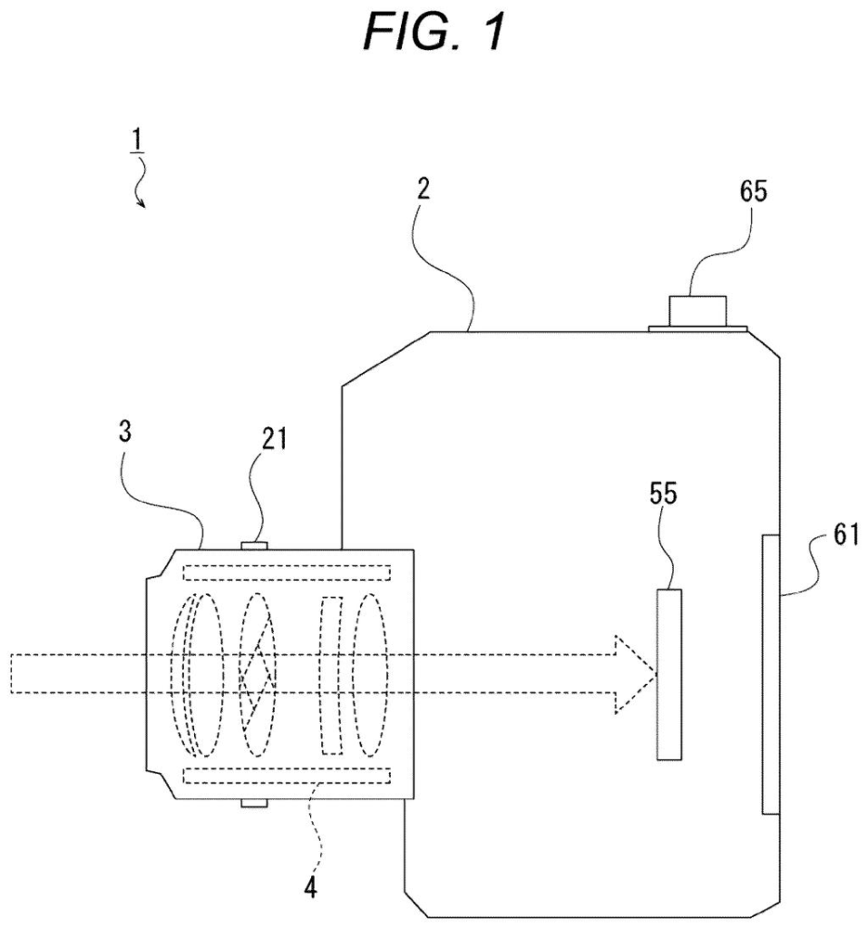 A camera body with an interchangeable lens attached, showing the path of light through the lens to the imaging element. Drawing from patent filing US 2026/0276943 A1.