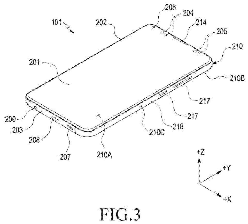 A smartphone with a large display and front-facing camera, illustrating the device that would house the compact zoom lens. Drawing from patent filing US 2026/0276950 A1.