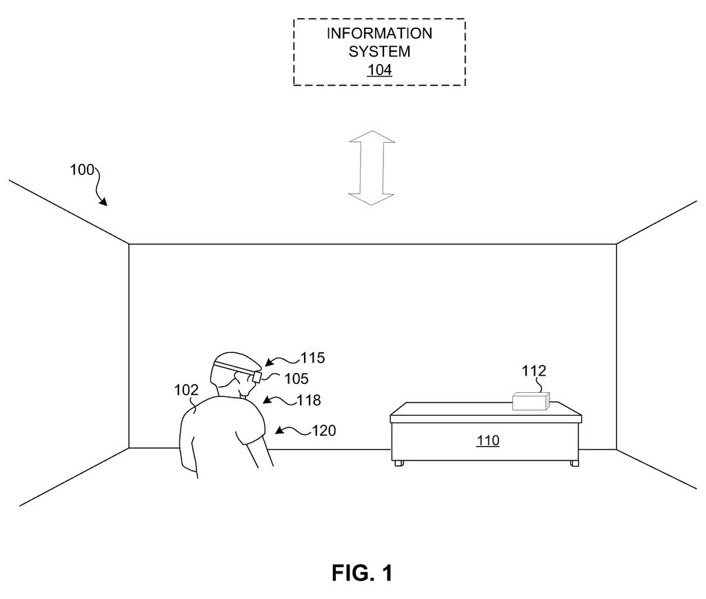 A person wearing a headset in a room, with an information system indicated above. Drawing from patent filing US 2026/0276985 A1.