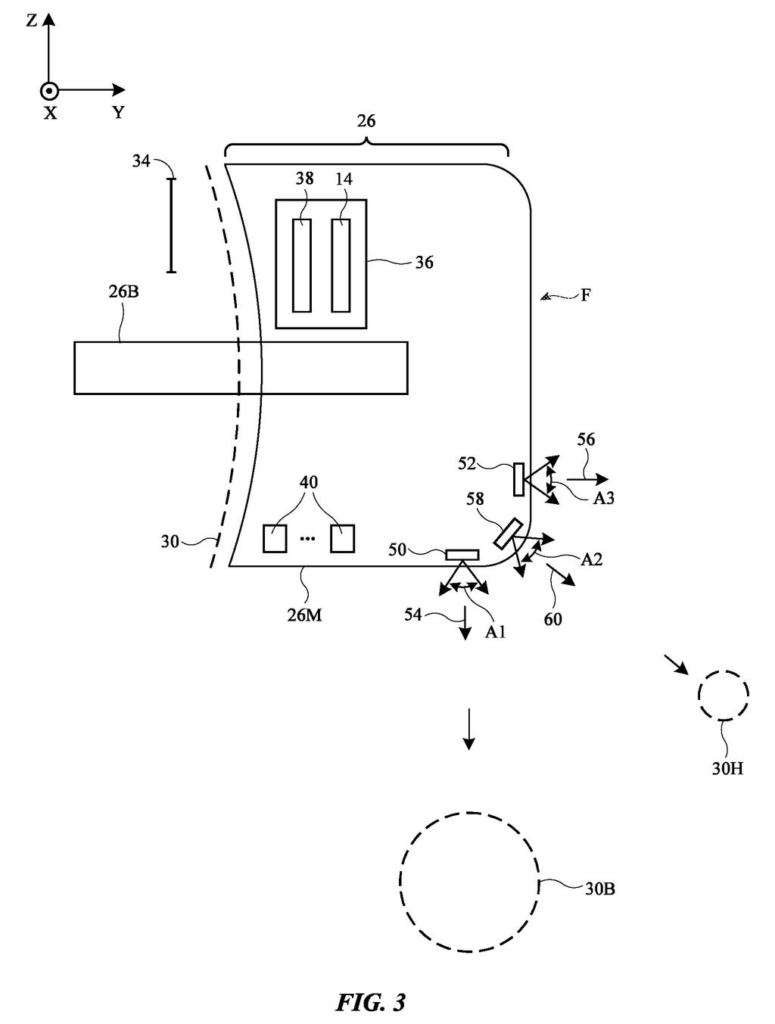 A cross-section of a headset's support structure shows invisible light emitters and sensors tracking a user's hand. Drawing from patent filing US 2026/0276997 A1.