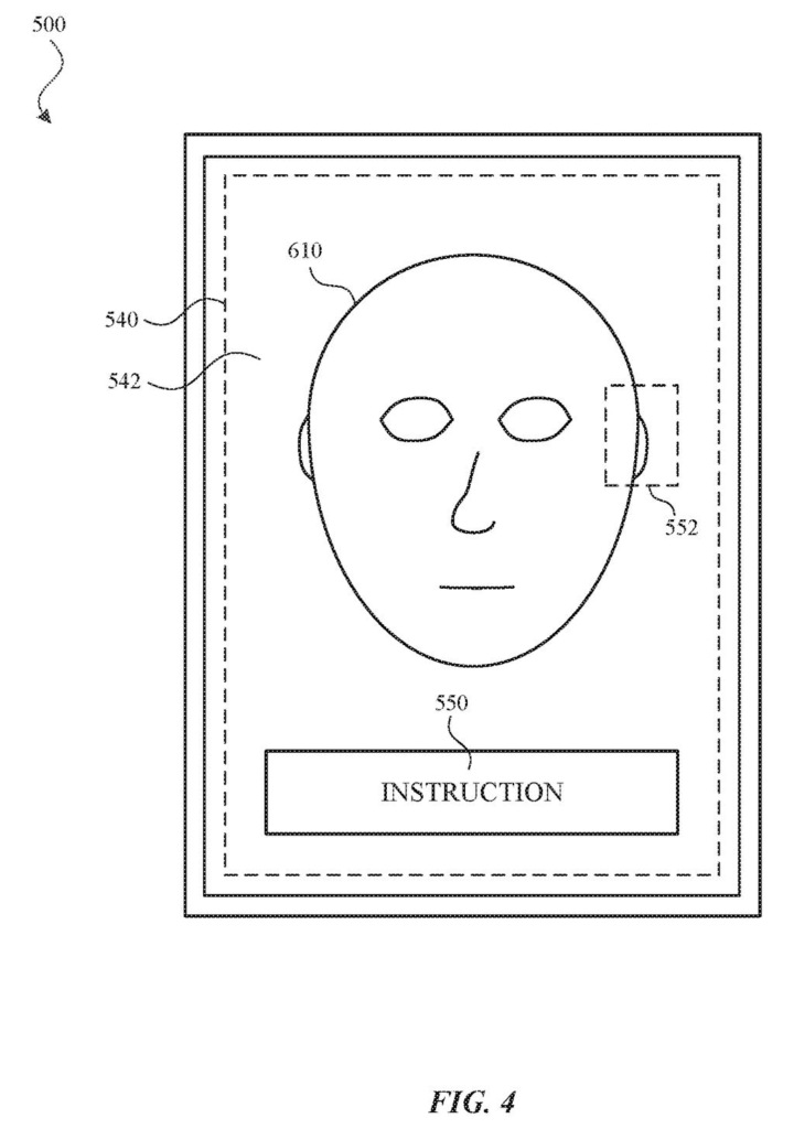 A device scanning a person's face to measure features for a custom-fit headset. Drawing from patent filing US 2026/0277007 A1.