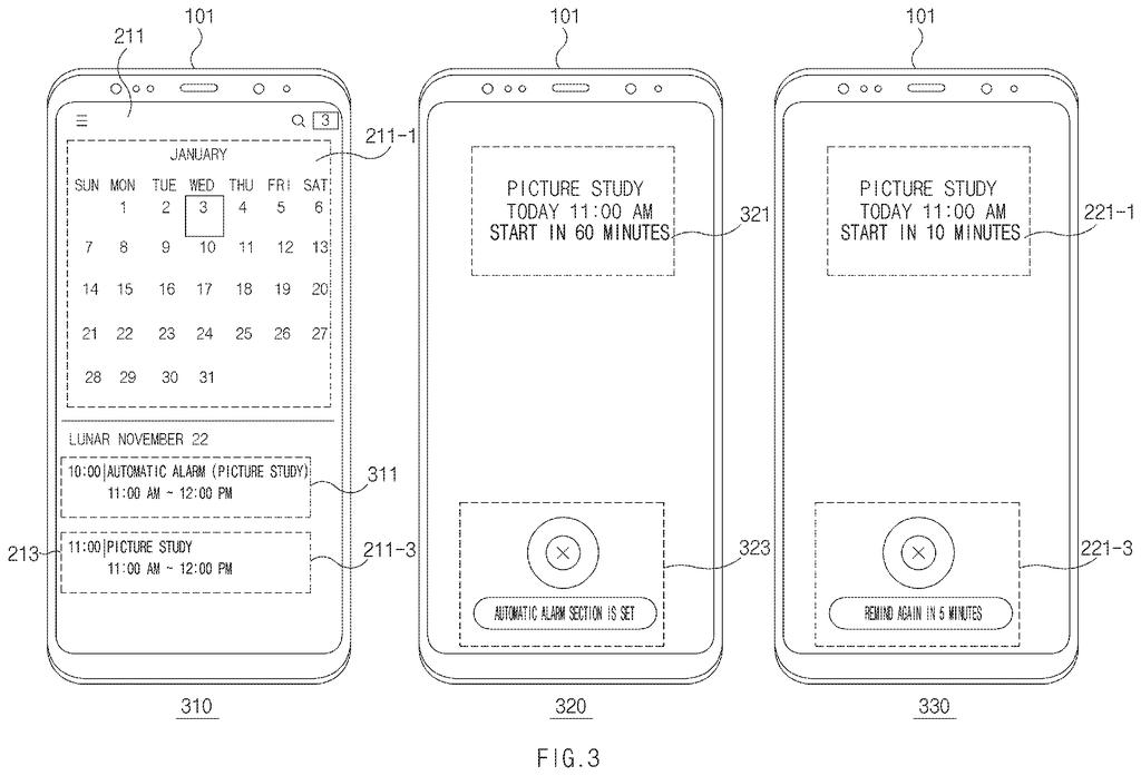 A smartphone displays a calendar with a scheduled "Picture Study" and an alarm notification indicating an automatic alarm has been set. Drawing from patent filing US 2026/0277167 A1.