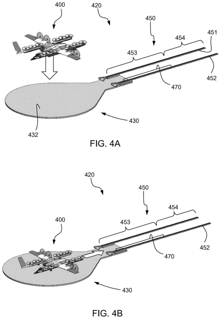 A drone approaches a landing track with a docking station and a rail system for movement. Drawing from patent filing US 2026/0277214 A1.