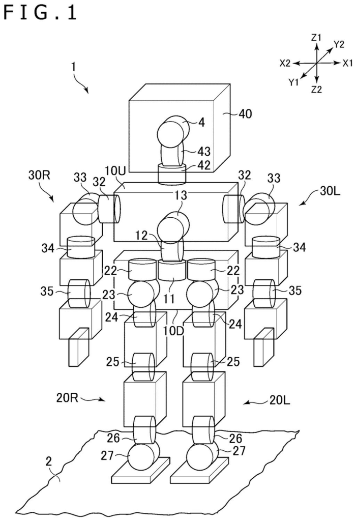 A humanoid robot stands on a surface, with its articulated body and sensor-equipped feet visible. Drawing from patent filing US 2026/0277223 A1.
