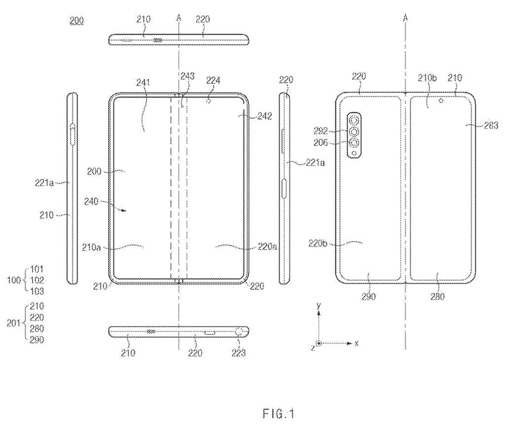 An unfolded foldable phone is shown from various angles, including top, bottom, side, front, and rear views. Drawing from patent filing US 2026/0277273 A1.