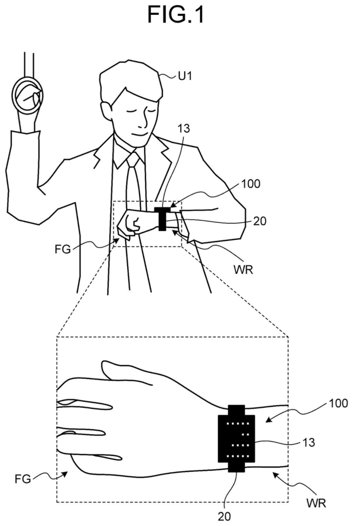 A person wearing a wrist-mounted device with an expanding display, shown with a magnified view of the device on the wrist. Drawing from patent filing US 2026/0277311 A1.