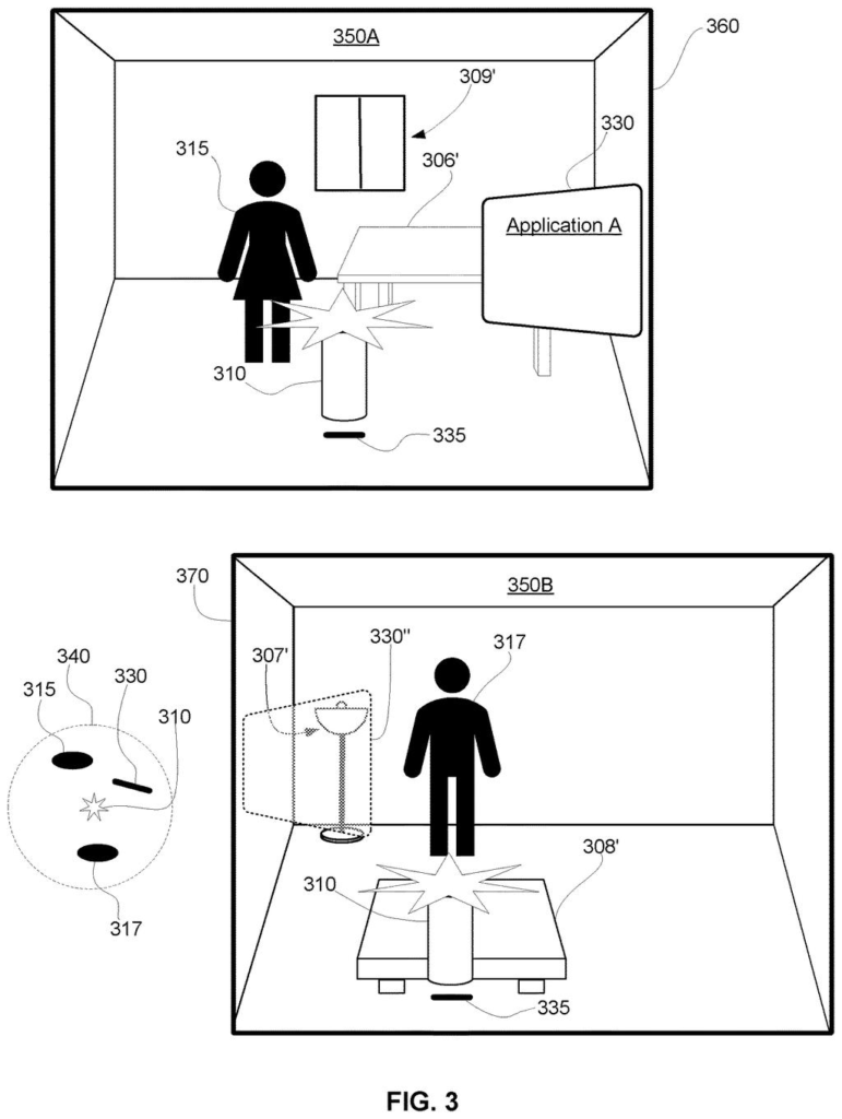 Two different virtual environments, one with a person interacting with a virtual application and another with a person and a virtual lamp. Drawing from patent filing US 2026/0277312 A1.