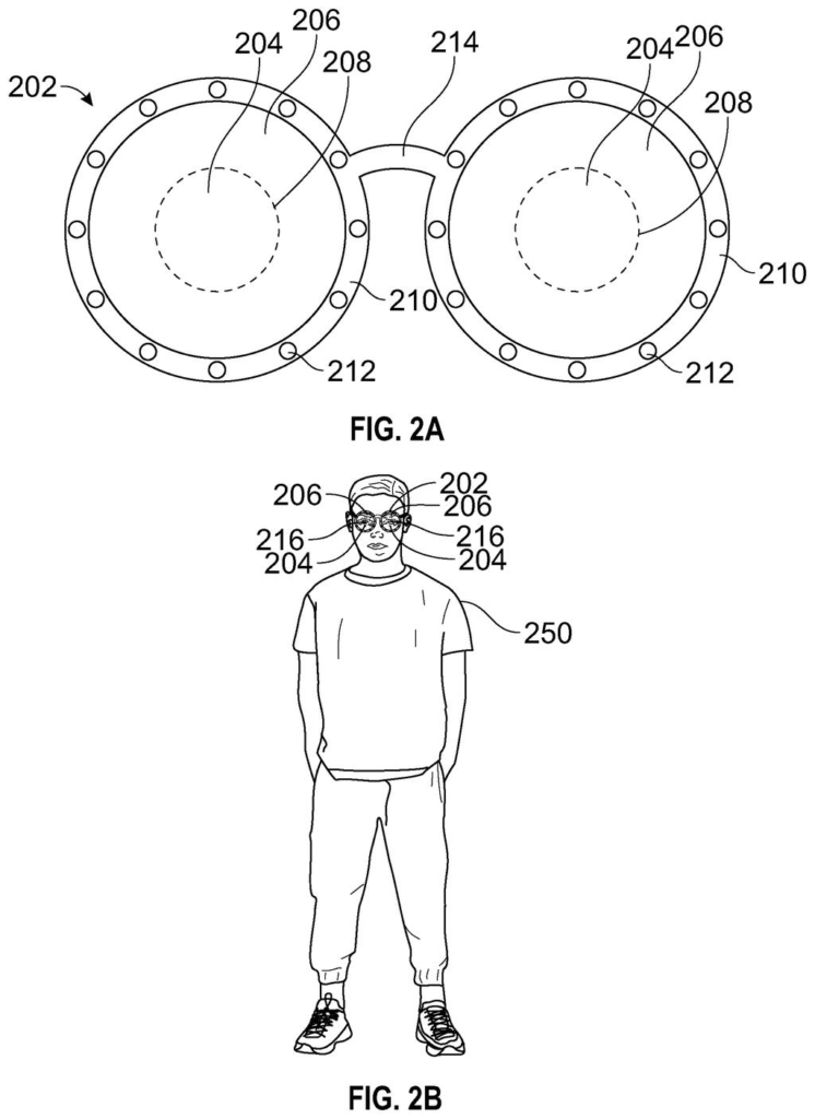 A person wearing a headset with a frame that includes multiple small lights, and a close-up view of the headset. Drawing from patent filing US 2026/0277318 A1.