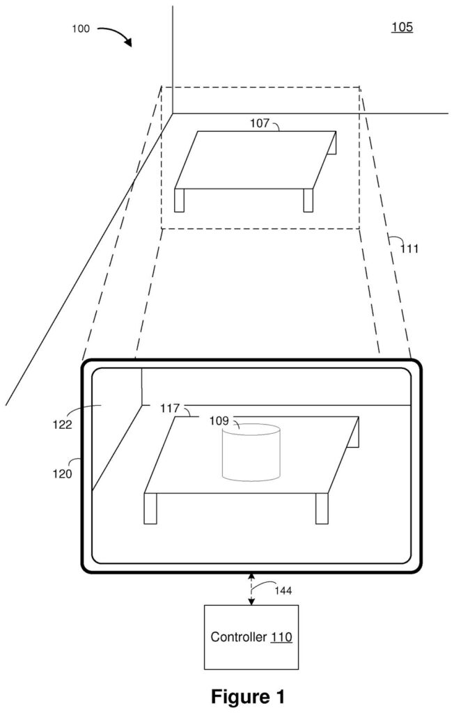 A controller and an electronic device displaying an augmented reality scene with a table and a cylinder. Drawing from patent filing US 2026/0277320 A1.