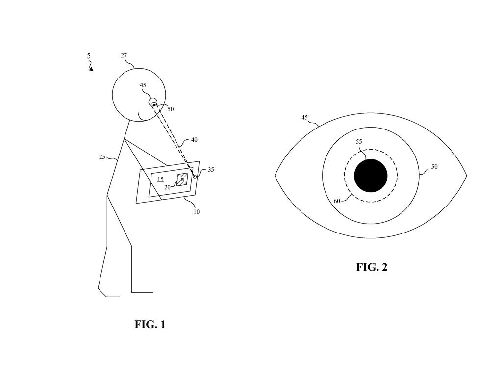 A person looking at a display that tracks their eye movements and pupil responses, with a detailed view of the eye. Drawing from patent filing US 2026/0277322 A1.