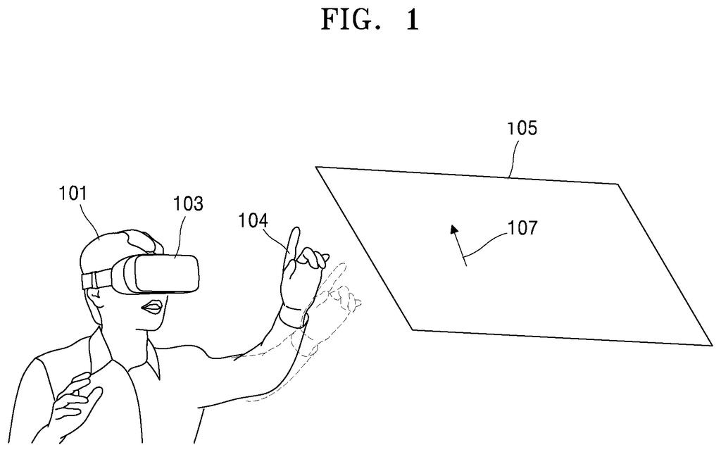 A person wearing a virtual reality headset interacts with a virtual object using hand gestures. Drawing from patent filing US 2026/0277323 A1.