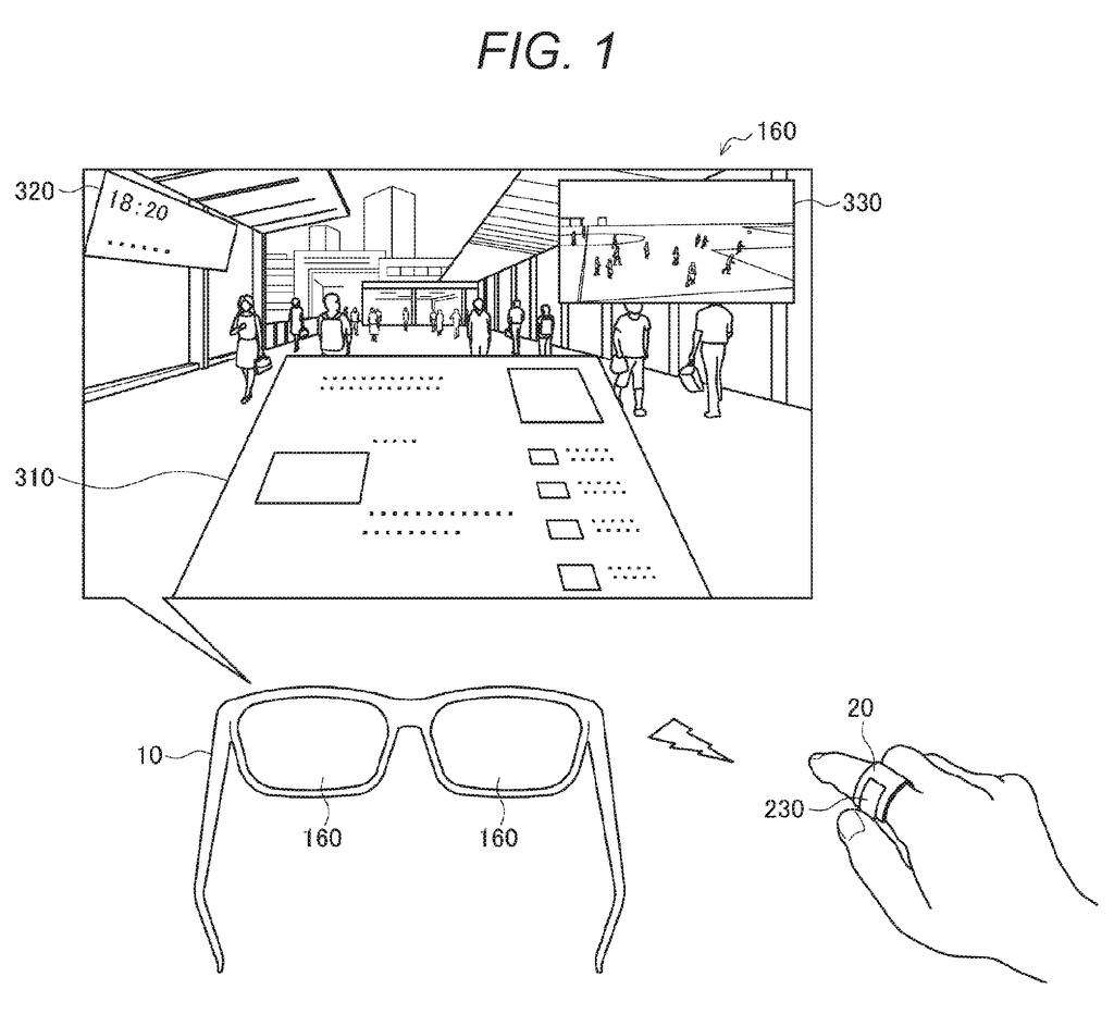 Augmented reality glasses display virtual objects in a real-world scene, controlled by a finger ring. Drawing from patent filing US 2026/0277324 A1.