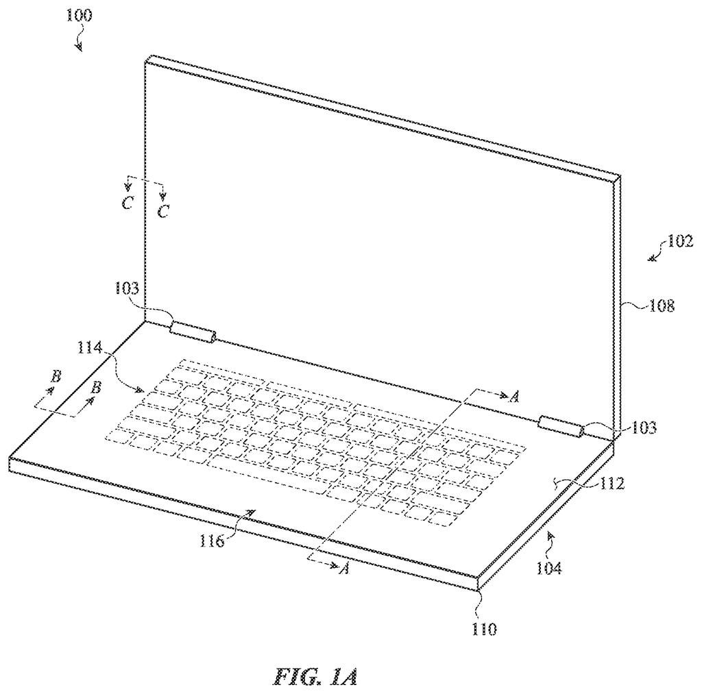 A laptop with a top case that senses touch and pressure across its surface, including the keyboard area. Drawing from patent filing US 2026/0277330 A1.