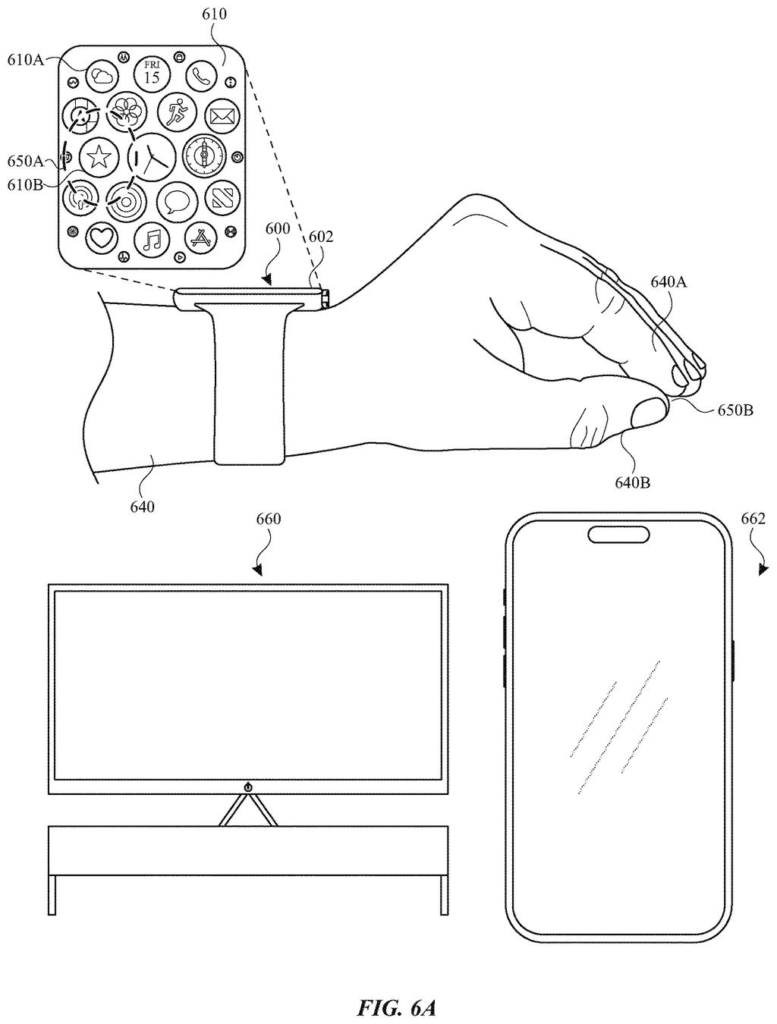 A person wearing a smartwatch on their wrist, with an enlarged view of the smartwatch display showing various application icons. Drawing from patent filing US 2026/0277335 A1.
