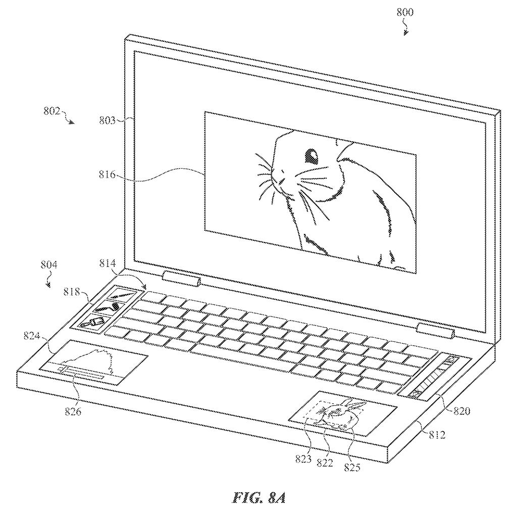 A laptop with a main display and multiple touch screen interfaces on the keyboard deck, including a trackpad, a side control strip, and a contextual display. Drawing from patent filing US 2026/0277348 A1.