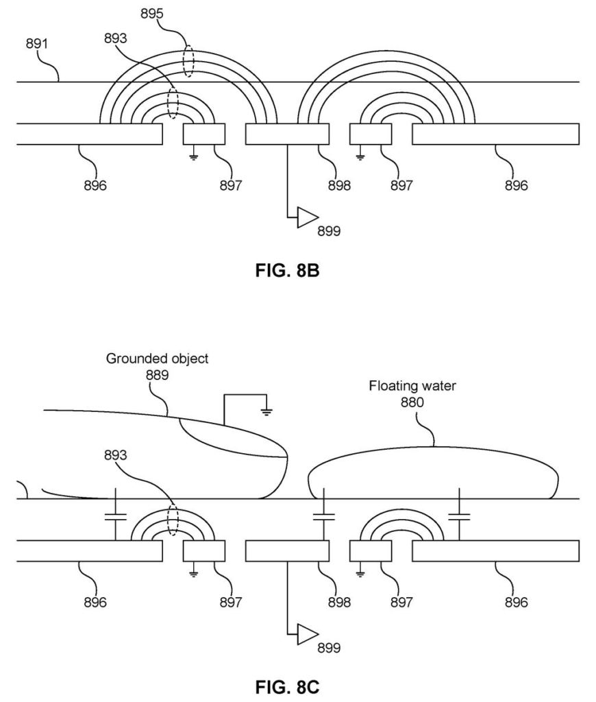 A cross-section of a touchscreen shows how it senses the difference between a grounded finger and floating water. Drawing from patent filing US 2026/0277365 A1.