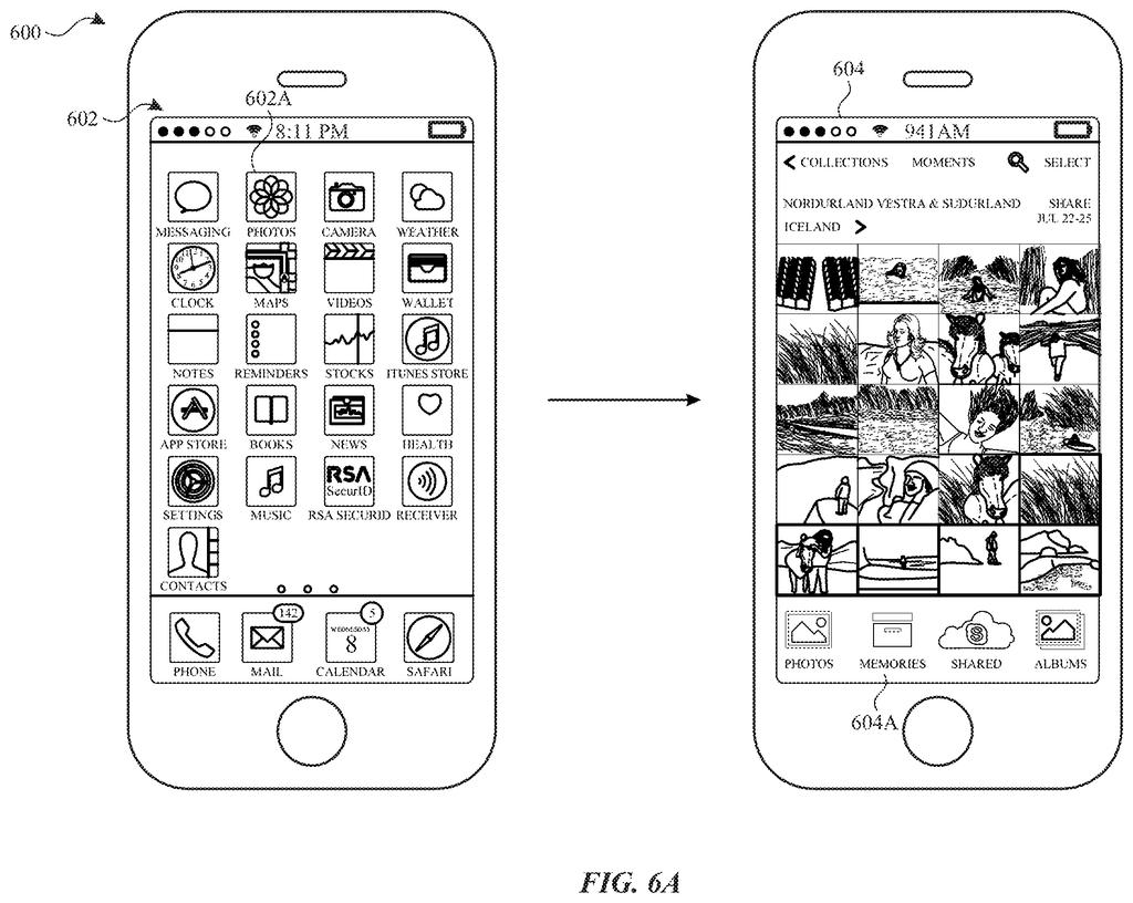 A smartphone displays its home screen with various application icons, then transitions to a photo album view. Drawing from patent filing US 2026/0277377 A1.
