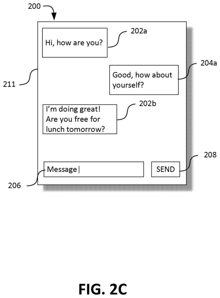 A messaging application interface with chat bubbles rendered in a three-dimensional style. Drawing from patent filing US 2026/0277385 A1.