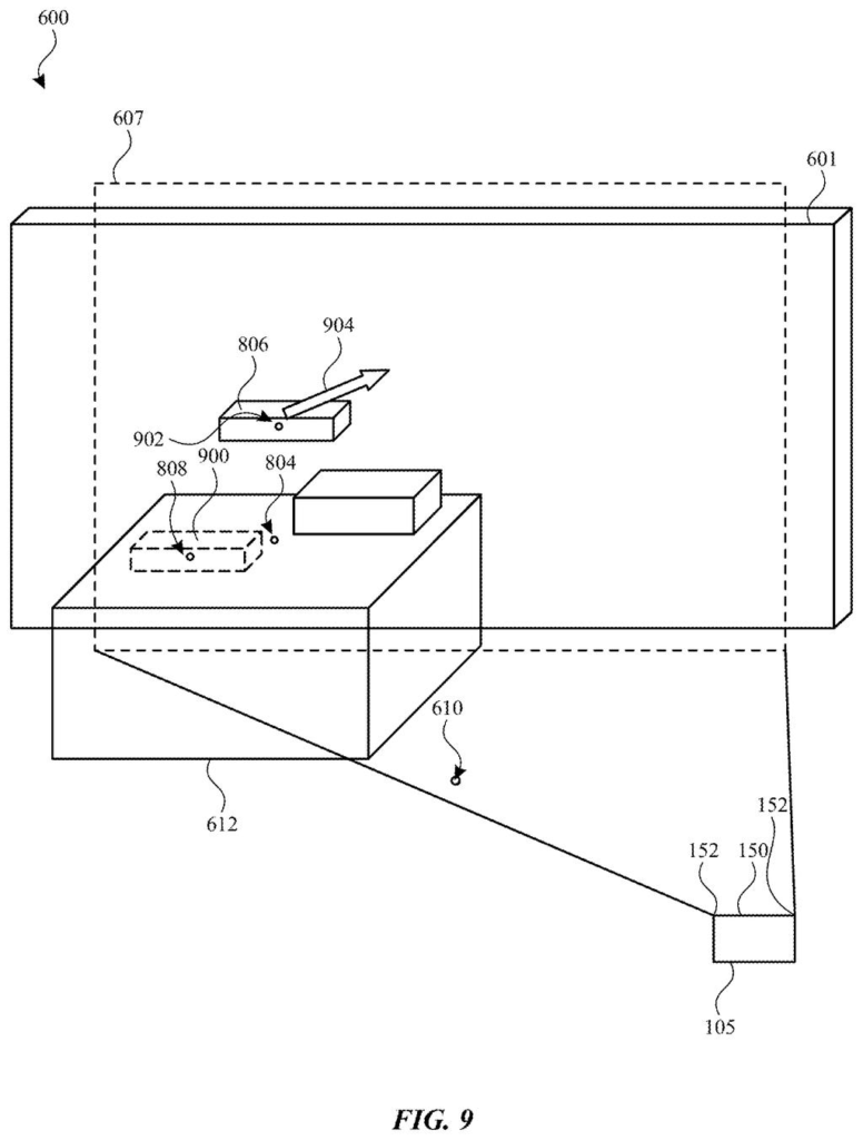A user interacting with augmented reality objects, using a gesture to move a group of virtual items on a physical surface. Drawing from patent filing US 2026/0277386 A1.