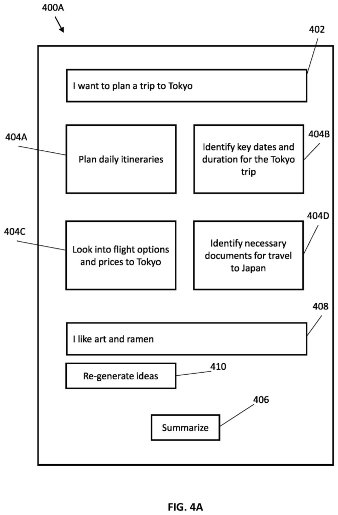 A user interface displays an initial prompt broken down into several actionable sub-prompts, along with an input field for further user details. Drawing from patent filing US 2026/0277398 A1.