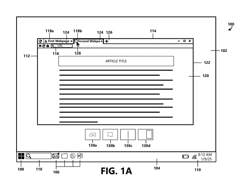 A web browser displays an article, with suggested actions like opening a new tab for related content. Drawing from patent filing US 2026/0277401 A1.