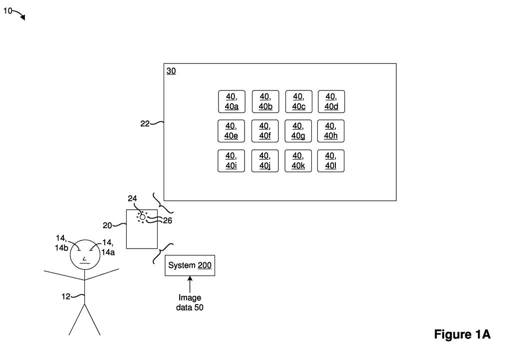 A person uses eye-tracking to interact with a display showing multiple selectable elements. Drawing from patent filing US 2026/0277410 A1.