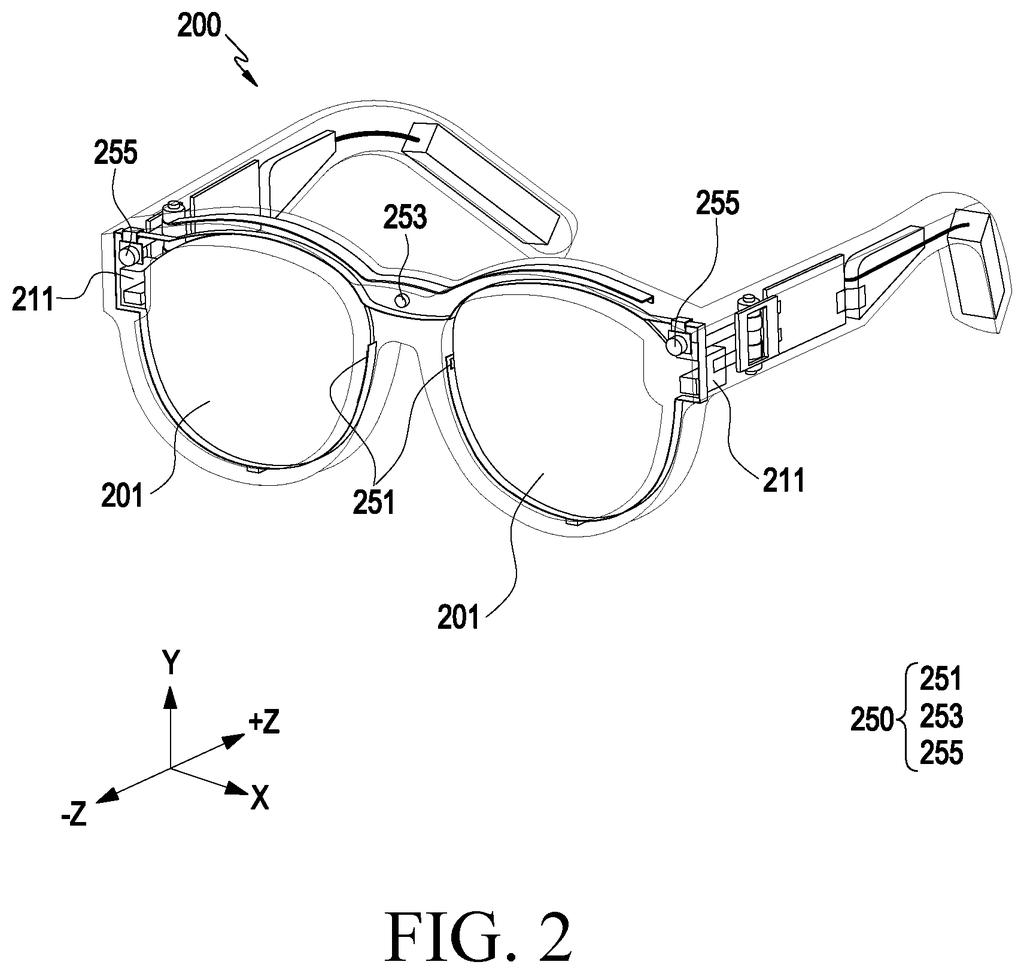 A pair of augmented reality glasses with lenses, a nose bridge, and hinges. Drawing from patent filing US 2026/0277419 A1.