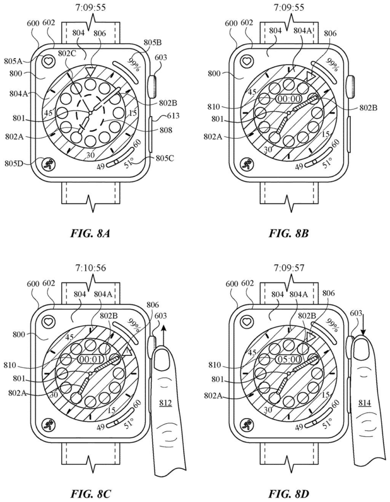 A smartwatch face displays a stopwatch with a moving indicator and digital elapsed time, alongside a traditional analog clock. Drawing from patent filing US 2026/0277428 A1.