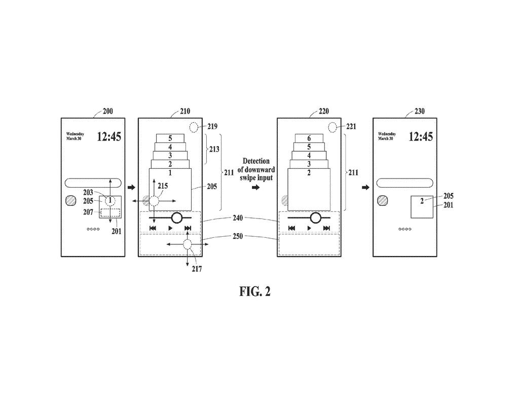 A smartphone screen shows a widget changing its displayed item from a list with a downward swipe gesture. Drawing from patent filing US 2026/0277430 A1.