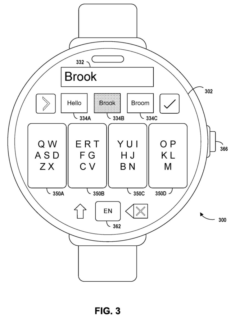 A smartwatch display shows a keyboard with multiple letters on each key and word suggestions above the keys. Drawing from patent filing US 2026/0277432 A1.