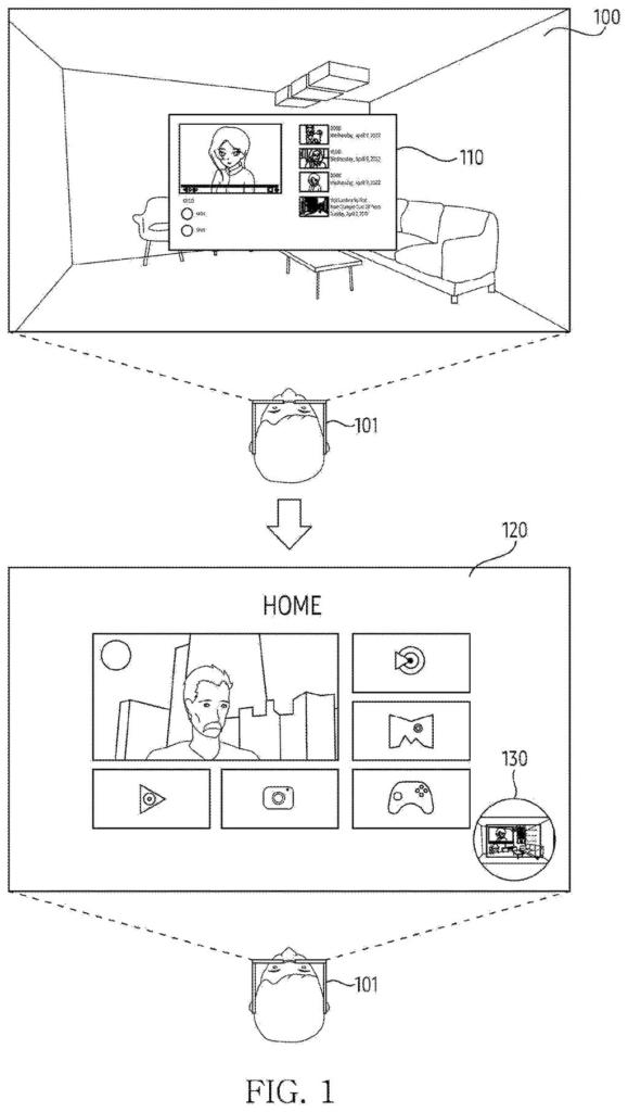 A user wearing a headset views a virtual reality environment, then switches to a home screen with the VR view minimized in a corner. Drawing from patent filing US 2026/0277518 A1.
