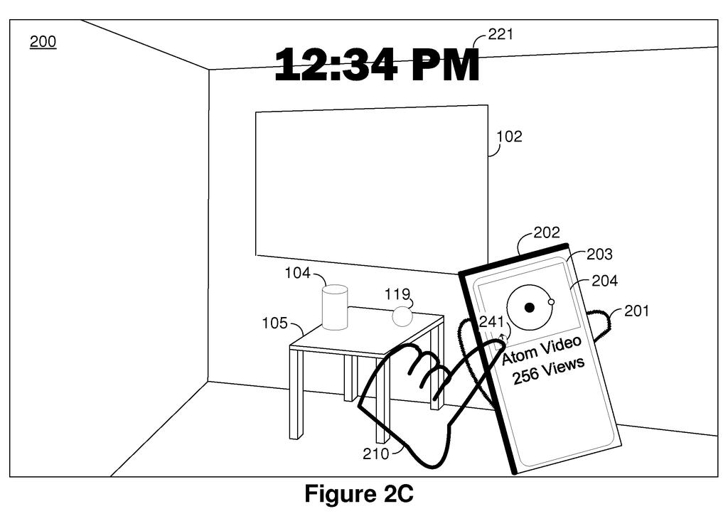 A hand gestures to "toss" a video playing on a phone towards a larger display screen in a room. Drawing from patent filing US 2026/0277520 A1.