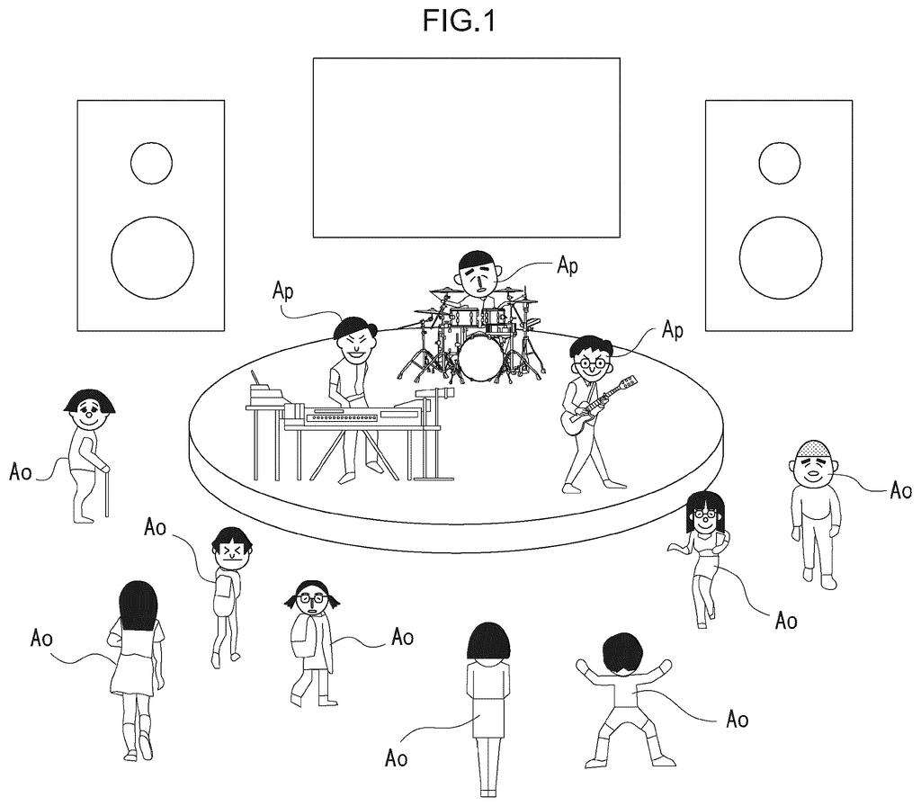 A virtual band performs on a stage with audience members surrounding them, all participating in a virtual reality music experience. Drawing from patent filing US 2026/0277535 A1.